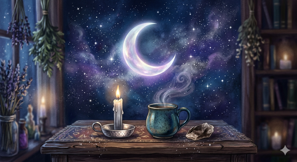 A cozy witchy altar by a window at night featuring a glowing crescent moon in a starry nebula sky, a lit silver candle, a steaming ceramic mug, and a smoky quartz crystal on a wooden table.