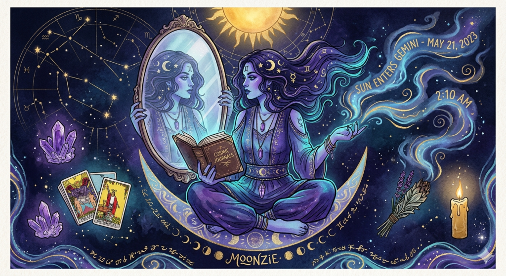 An illustrated cosmic witch with purple skin and long flowing hair sits cross-legged on a crescent moon, holding a book titled 'Cosmic Journals' while gazing into a magical mirror that reflects her twin self. The background is a starry night sky with a golden sun, astrological constellations, swirling smoke reading 'SUN ENTERS GEMINI - MAY 21, 2023 2:10 AM', tarot cards, crystals, a lit candle, and the name 'MOONZIE' written at the bottom.