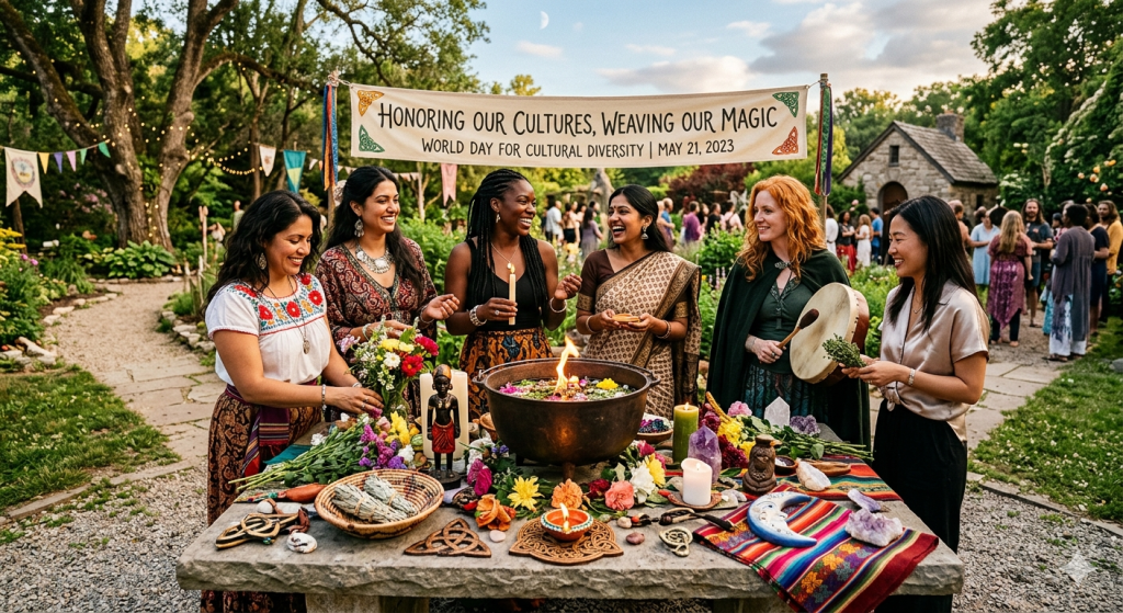 A diverse group of six women from various cultural backgrounds gathering around a stone table in an outdoor garden setting. They are smiling and laughing while holding candles, flowers, and a frame drum. On the table is a large, central cauldron with water and floating flowers, surrounded by crystals, sage bundles, colorful textiles, and ritual items. In the background, a banner reads, "Honoring Our Cultures, Weaving Our Magic - World Day for Cultural Diversity | May 21, 2023." A stone cottage and trees under a twilight sky complete the scene.