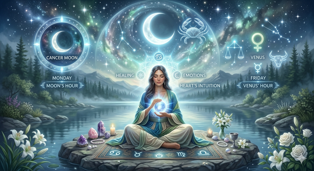 A person meditating on a rock in a serene lake at night under a large, glowing moon. They are surrounded by symbols representing the Cancer moon, Venus, zodiac signs, and lunar/Venusian hours, embodying energies of emotions, healing, and heart's intuition.
