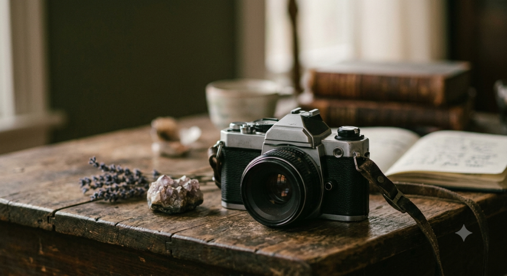 A vintage 35mm film camera resting on a rustic wooden table next to a raw amethyst crystal, a sprig of dried lavender, and an open journal.