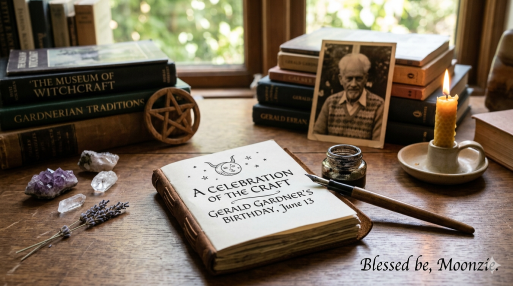 A wooden desk setup honoring Gerald Gardner with a vintage photograph of him, stacked books on witchcraft, a small wooden pentacle, crystals, a lit beeswax candle, and an open journal titled "A Celebration of the Craft: Gerald Gardner’s Birthday, June 13."