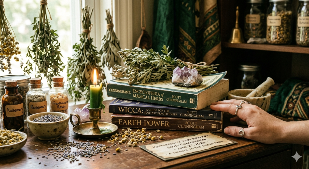 A wooden table holds a stack of three books by Scott Cunningham, topped with an amethyst crystal. Beside them, a lit green candle, jars of dried herbs, and loose lavender and chamomile flowers are arranged. A hand with moon-themed rings rests near the books next to a small note that reads "Happiness on your birthday, Scott Cunningham - June 27, 2023 - A tribute to the green path."