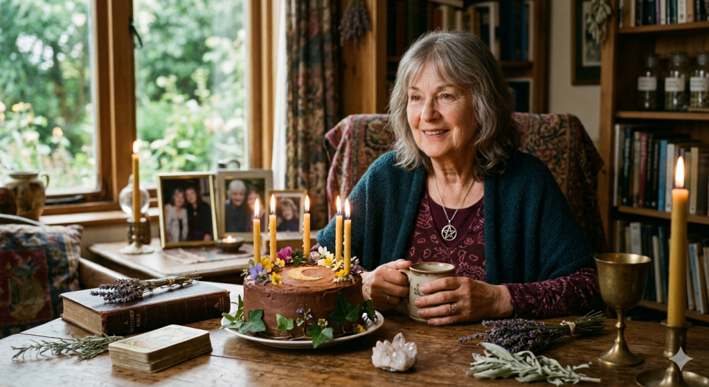 An elderly woman with silver hair sits at a wooden table in a cozy, book-lined room, holding a mug and smiling at a small chocolate birthday cake decorated with flowers and a crescent moon, surrounded by candles, a copy of A Witches' Bible, tarot cards, and dried herbs.