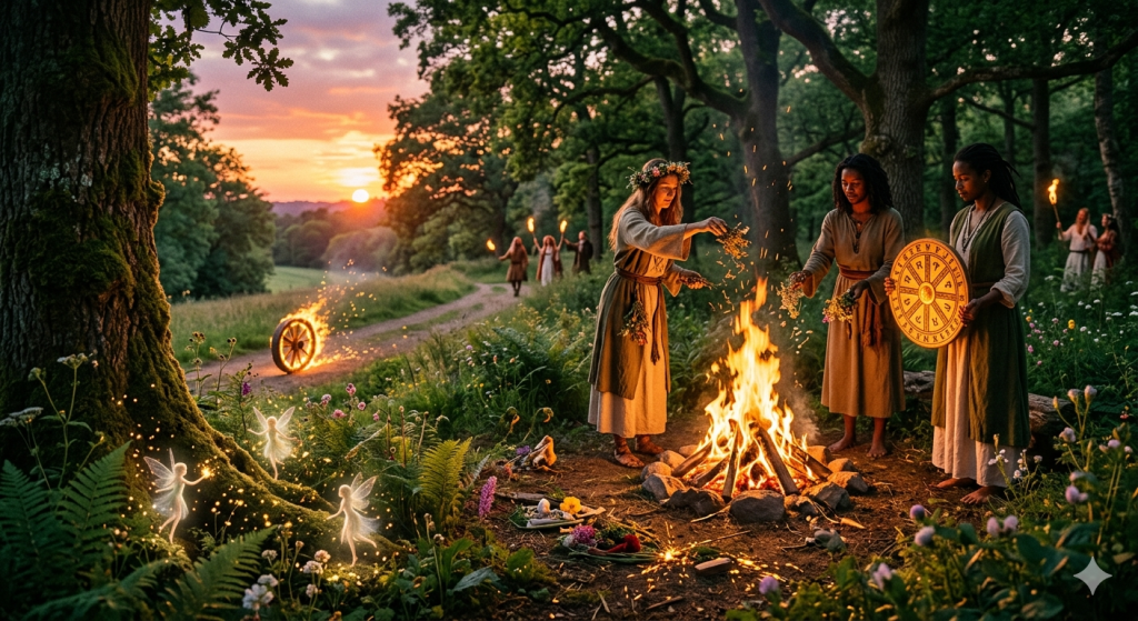 A group of three women in historical-style tunics standing around a glowing evening bonfire in a lush, green forest at sunset, with small, glowing fey figures dancing near an ancient tree root and a flaming solar wheel rolling in the background.