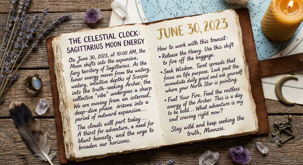 An open, weathered journal lies on a rustic wooden table surrounded by crystals, lavender, a candle, and an astrology chart, featuring a handwritten reflection on the Sagittarius Moon transit for June 30, 2023.