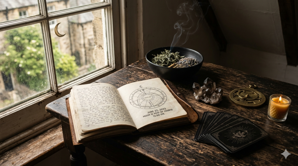 An open, weathered journal resting on a rustic wooden desk next to a window, containing handwritten notes and a diagram titled "June 22, 2023 Moon is Void of Course 12:00 PM," surrounded by a bowl of dried herbs, smoky incense, a crystal cluster, tarot cards, and a lit candle.