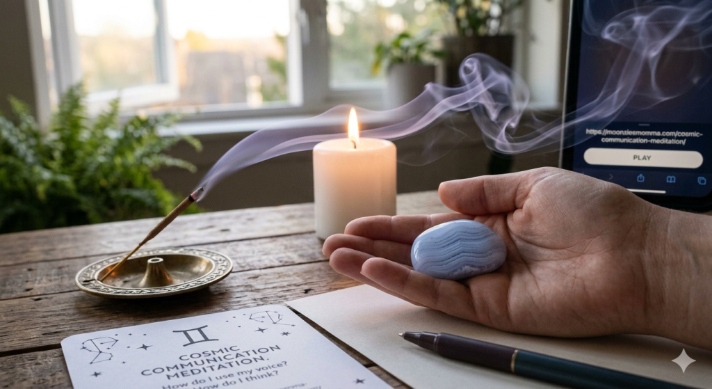A person holding a piece of blue lace agate in their hand on a wooden desk, with a burning incense stick creating swirling smoke, a lit candle, and a piece of paper with the text "Cosmic Communication Meditation" in the foreground.