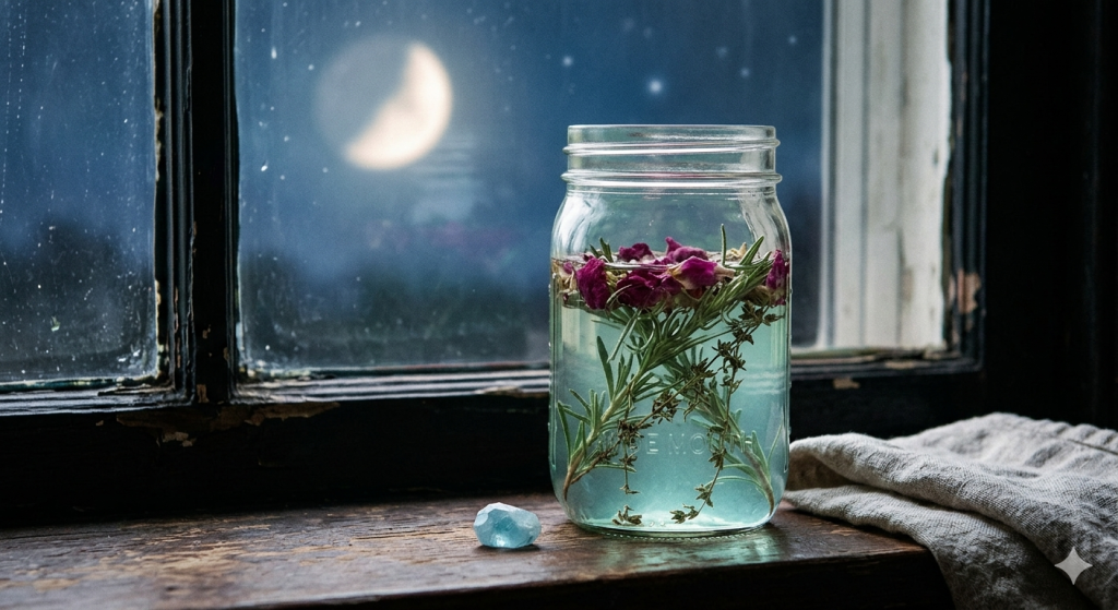 A glass jar filled with water, rosemary, thyme, and rose petals sits on a wooden windowsill at night. Beside the jar is a light blue aquamarine crystal. Through the window, a glowing crescent moon hangs in the starry night sky, casting a soft, mystical light on the scene. A neutral-colored linen towel rests on the wood next to the jar.