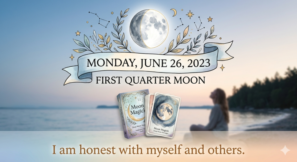 A digital graphic for Monday, June 26, 2023, featuring a First Quarter Moon header, the Moon Magick: Deep Moon Messages card deck, and the daily affirmation: "I am honest with myself and others," set against a serene, coastal background with a silhouette of a person sitting by the water.