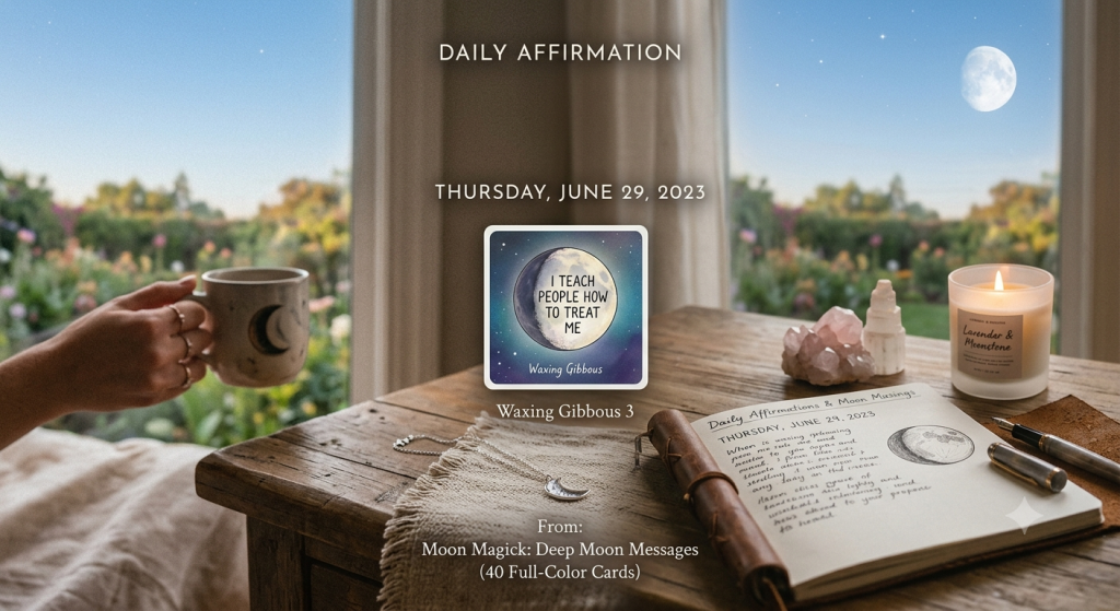 A cozy, sunlit workspace featuring a hand holding a mug, an open journal with handwritten notes, a candle labeled 'Lavender & Moonstone,' and a 'Moon Magick: Deep Moon Messages' card displaying the affirmation 'I teach people how to treat me' during a Waxing Gibbous moon phase.