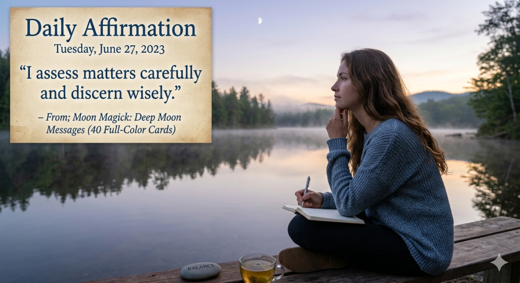 A young woman sitting on a wooden dock by a calm lake at dawn, holding a notebook and pen while looking thoughtfully at the horizon.
