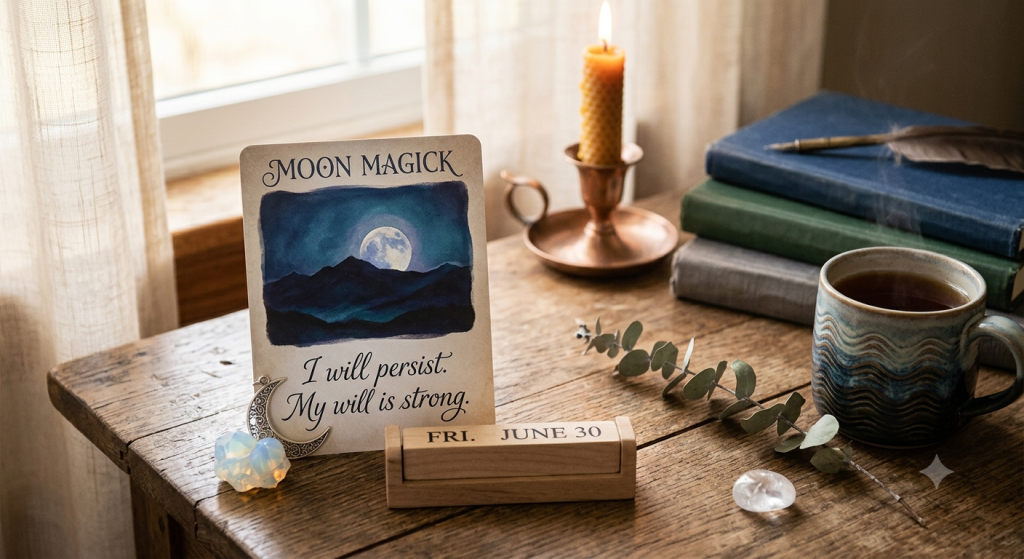 A wooden desk featuring an inspirational moon card with a mountain and moon illustration, a wooden block calendar set to Friday, June 30, a lit beeswax candle, a cup of tea, and a small crystal, evoking a cozy, meditative atmosphere.
