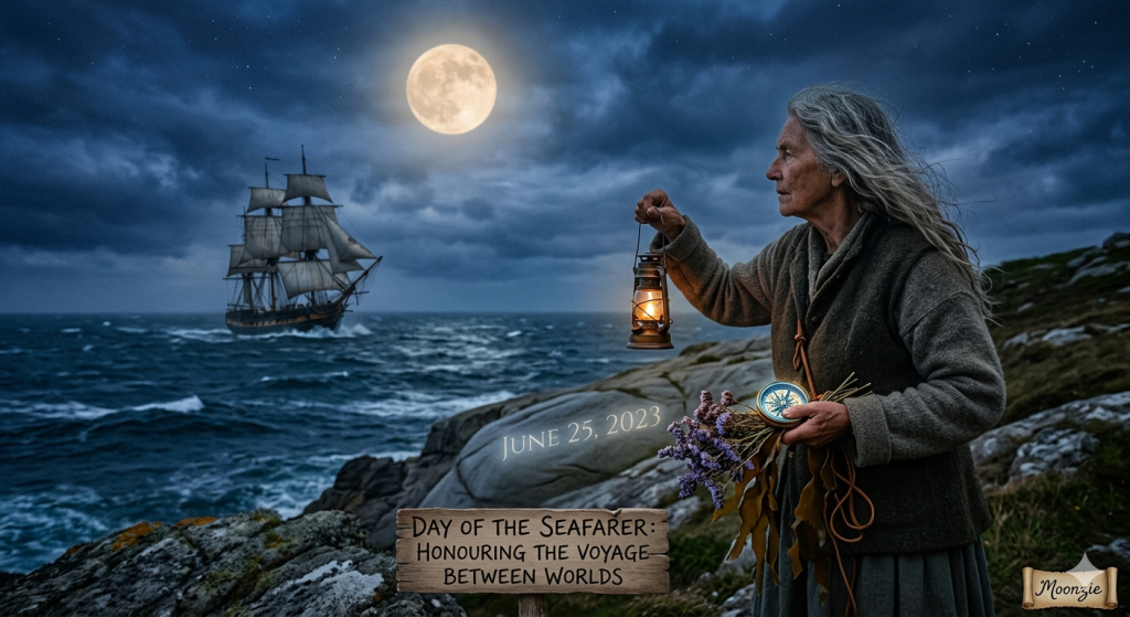 An older woman standing on a rocky shoreline at night, holding a lit lantern and a compass while looking out at a large sailing ship on a turbulent sea under a full moon.