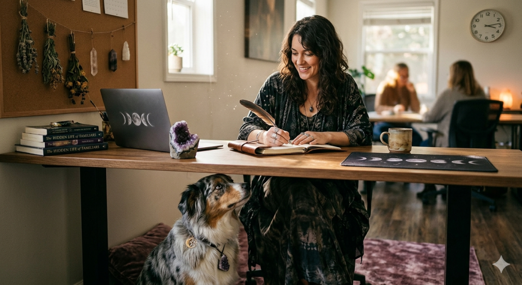 A woman with wavy hair wearing a bohemian-style dress sits at a wooden desk in a brightly lit office, writing in a notebook with a feather quill. A tricolor Australian Shepherd sits under the desk looking up at her lovingly, wearing a collar with a crystal pendant. The desk is decorated with books, a small amethyst cluster, a laptop with moon phase decals, and a moon phase desk mat.
