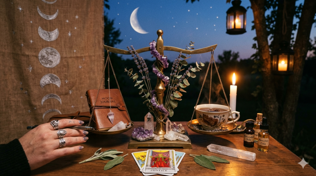 A witchy, atmospheric scene at twilight featuring a pair of antique brass scales on a wooden table, balancing a moon journal and a steaming cup of tea, surrounded by crystals, sage, tarot cards, and small oil bottles under a crescent moon.
