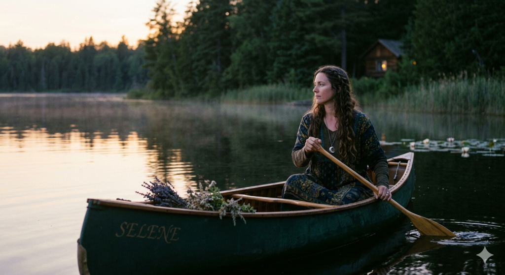 A woman with long, braided hair, dressed in bohemian attire, paddles a green canoe named "SELENE" across a calm lake at sunset. Bundles of dried lavender and herbs rest in the front of the boat, with a distant wooden cabin visible on the forested shoreline.