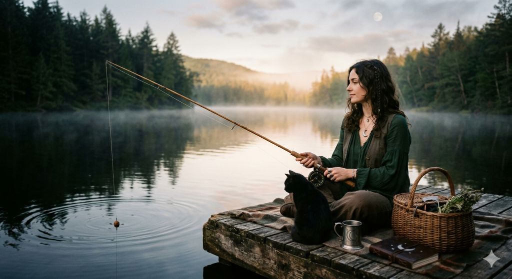 A woman with long hair wearing earth tones sits on a weathered wooden dock at dawn, fishing in a calm, misty lake with a black cat beside her, a picnic basket, and a journal.