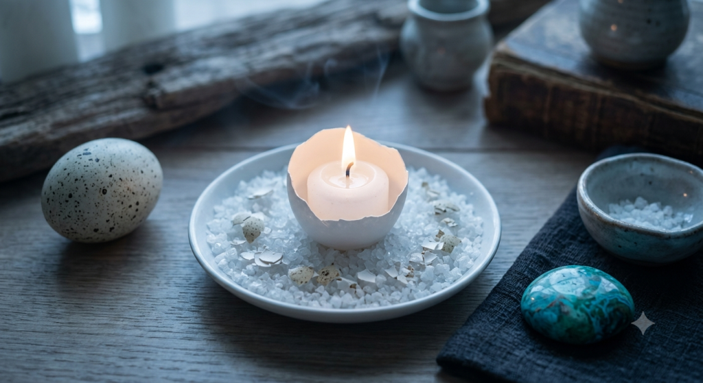 A white candle burning inside an eggshell half, set atop a bed of sea salt with scattered eggshell fragments on a wooden surface; a polished chrysocolla stone rests nearby.