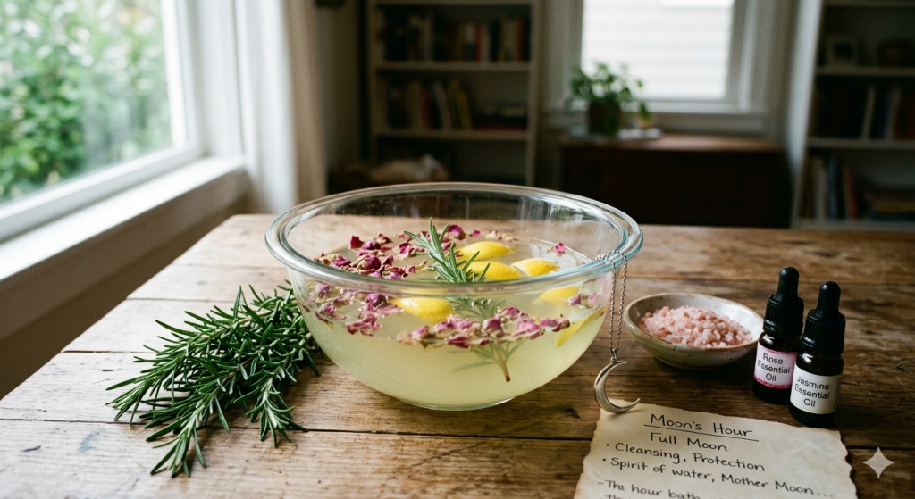 A glass bowl filled with water, floating rose petals, lemon peels, and a sprig of rosemary sits on a wooden table, next to a small dish of Himalayan salt, essential oils, and a handwritten note about Moon’s Hour cleansing rituals.