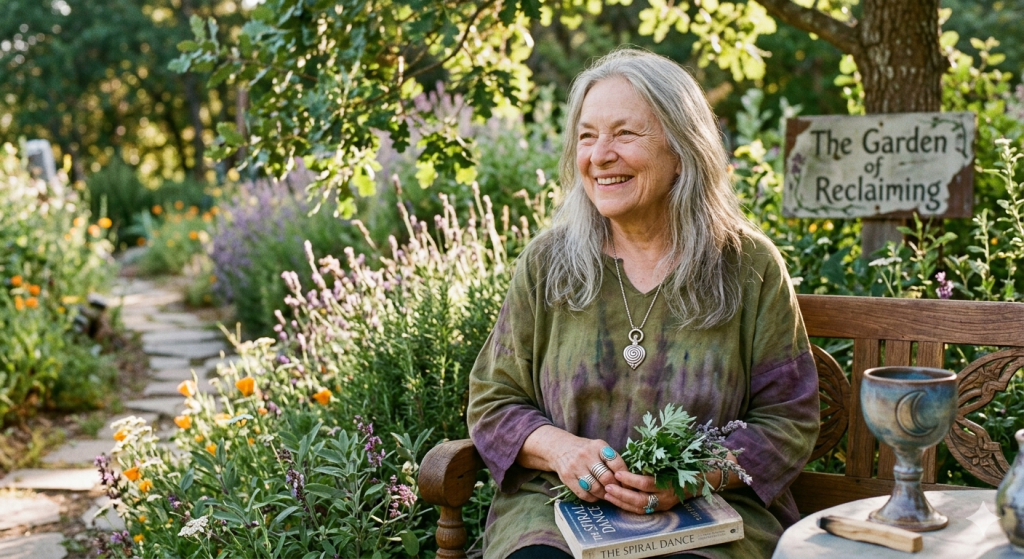 Starhawk holding a bundle of herbs while sitting in a sunlit garden, with an ethereal glowing bubble displaying sacred geometry and the words "The Garden of Reclaiming" floating in front of her.