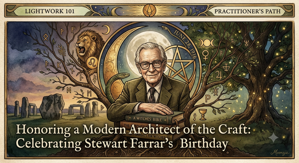 A stylized illustration of Stewart Farrar with his hand resting on a stack of his books, framed by a cosmic moon, a lion, runic symbols, and an ancient tree in a magical landscape.