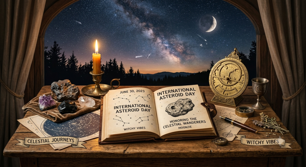 A mystical desk setup featuring an open book labeled "International Asteroid Day," surrounded by crystals, a candle, and an astrolabe, set against a backdrop of a night sky with the Milky Way visible through an arched window.