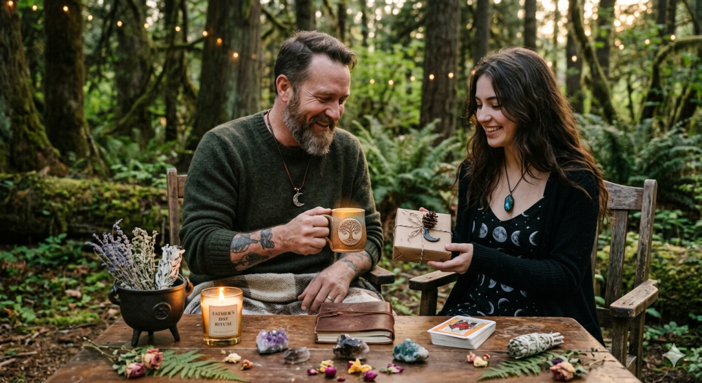 A father and daughter sharing a warm, witchy-themed moment in a lush forest, sitting at a wooden table decorated with crystals, a candle labeled "Father's Day Ritual," tarot cards, and dried herbs as the daughter hands him a gift.