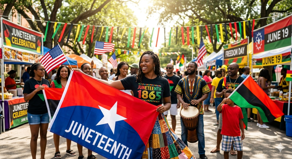 A diverse group of people celebrating Juneteenth outdoors at a street festival, with a woman in the center holding a large blue, red, and white Juneteenth flag.