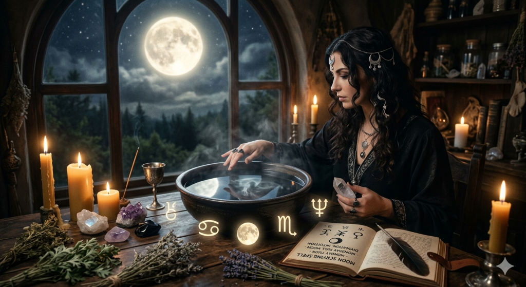 A practitioner sits at an altar by a moonlit window during a full moon, performing a scrying ritual with a bowl of water surrounded by crystals, herbs, and astrological symbols representing Cancer, Scorpio, the Moon, Chiron, and Neptune.
