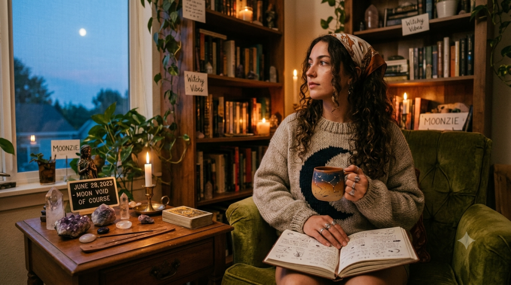 A cozy, "witchy" scene featuring a woman with curly hair wearing a moon-patterned sweater, sitting in a green velvet armchair by a window at twilight, holding a celestial-themed mug and reading a book. On the side table, there is a sign that reads "June 28, 2023 - Moon Void of Course," alongside crystals, a candle, and tarot cards.