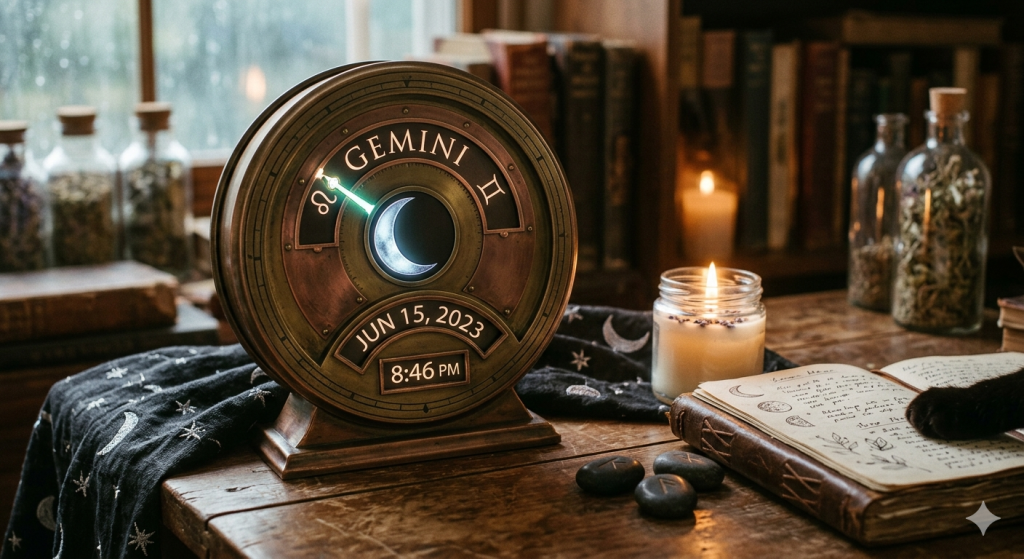 A close-up, overhead view of a person's hand stirring rich, melted chocolate fudge in a hammered copper saucepan on a rustic wooden table. The scene includes apothecary jars labeled "Moon Magic" and "Solstice Sugar," black candles, scattered amethysts, walnuts, and an open notebook with handwritten notes on "Stirring Intentions".