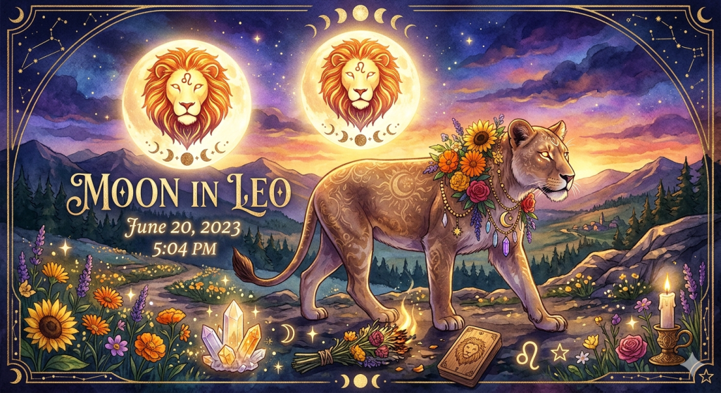 A digital illustration featuring a majestic lioness walking through a magical landscape at sunset, adorned with flowers and crystals. Above her, two moons display lion motifs, with the text "Moon in Leo, June 20, 2023, 5:04 PM" centered in elegant typography.