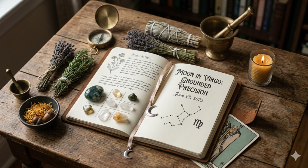 A wooden desk holding an open journal with the heading "Moon in Virgo: Grounded Precision" and the date "June 23, 2023," surrounded by crystals, dried herbs, a mortar and pestle, and a tarot card, capturing a mystical, organized workspace vibe.