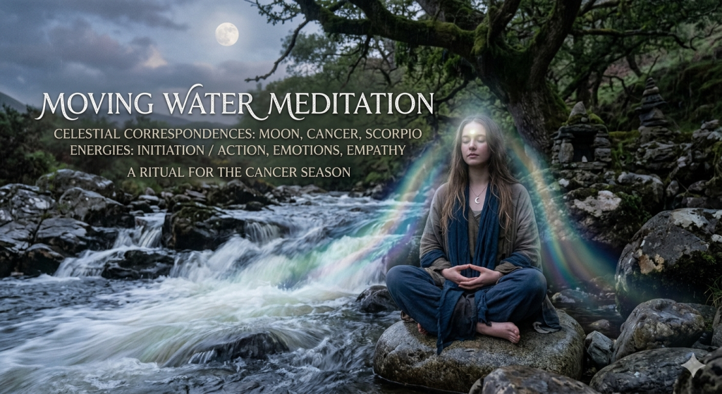 A woman sits in a cross-legged meditation pose on a rock beside a rushing stream under a moonlit sky, with a soft rainbow arching over her head.