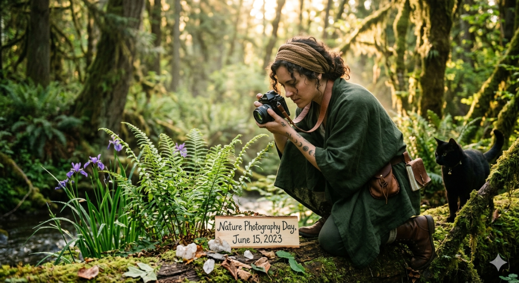 A woman in a green cloak kneels in a lush, mossy forest to photograph ferns near a stream, accompanied by a black cat, with a small wooden sign in the foreground that reads "Nature Photography Day, June 15, 2023."