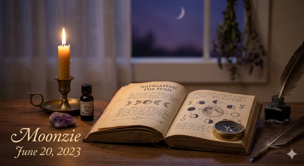 A vintage, open grimoire sits on a wooden desk, featuring a handwritten entry about the Moon being void of course starting at 4:43:00 PM, with a compass, crystal, and a burning beeswax candle nearby.