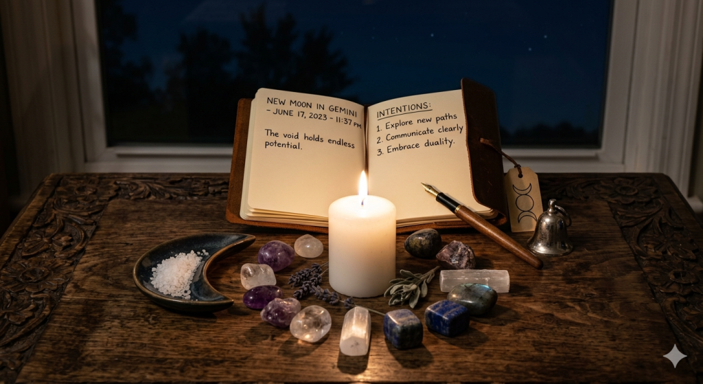 A dimly lit, witchy altar setup at night, featuring an open journal with "New Moon in Gemini - June 17, 2023" written on the pages, surrounded by a white candle, crystals, lavender sprigs, and a moon-shaped bowl of salt on a wooden table.