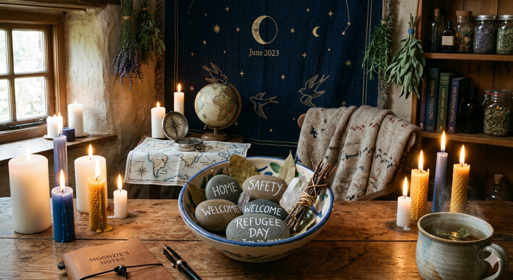 A cozy, candlelit workspace featuring a bowl of river stones inscribed with the words "Home," "Safety," "Welcome," and "Refugee Day." In the background, a globe, a compass, and a tapestry with swallows and lunar symbols create a mystical atmosphere, with books titled "Herbal Folklore" and "Migration Myths" on a shelf nearby.