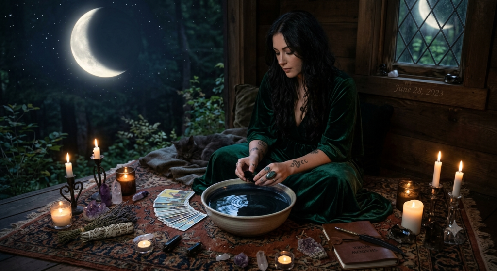 A woman in a dark green velvet dress sits on a patterned rug in a moonlit wooden room, practicing water scrying with a bowl of water and tarot cards while candles burn around her.