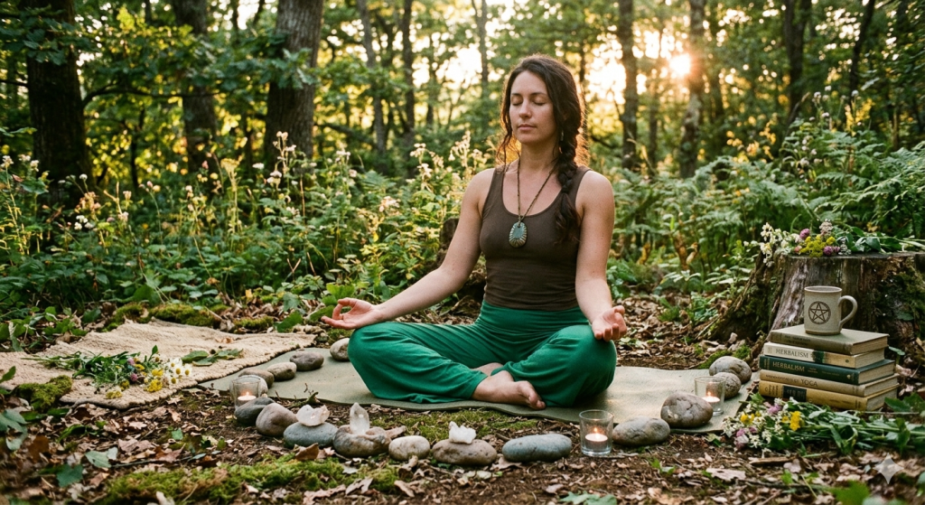 A woman practicing yoga in a serene forest setting on the Summer Solstice, surrounded by a stone circle, candles, and wildflowers.