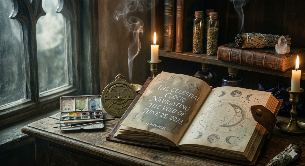 A cozy, rustic wooden desk featuring a leather-bound book open to a page titled "The Celestial Clock: Navigating the Void of June 25, 2023." Next to the book are watercolor paints, a brass astrolabe, flickering candles, and jars of herbs, all set against a window with a soft, moody atmosphere.