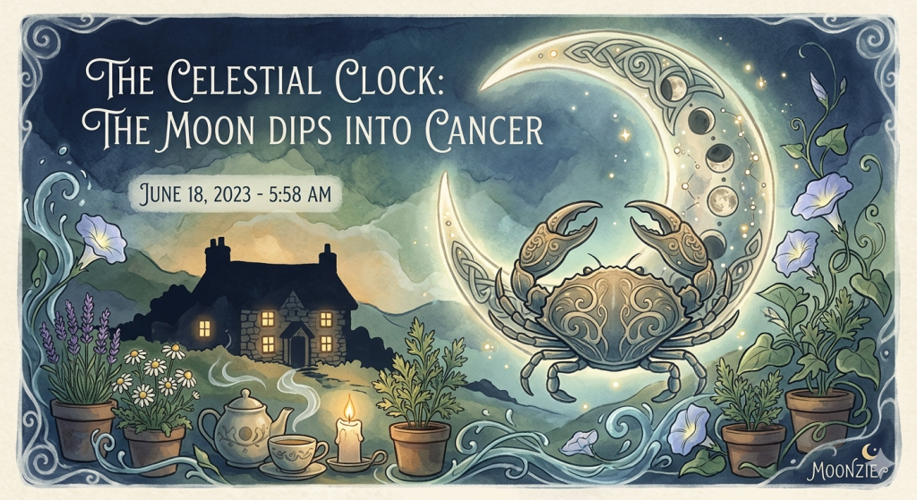 A mystical, watercolor-style illustration titled "The Celestial Clock: The Moon Dips into Cancer." The scene features a central crescent moon adorned with lunar phases and intricate knotwork, behind a decorative crab. A cozy cottage sits in the background under a soft, twilight sky, while the foreground is filled with potted herbs, a steaming teapot, a teacup, and a glowing candle, all framed by morning glories and flowing water elements.