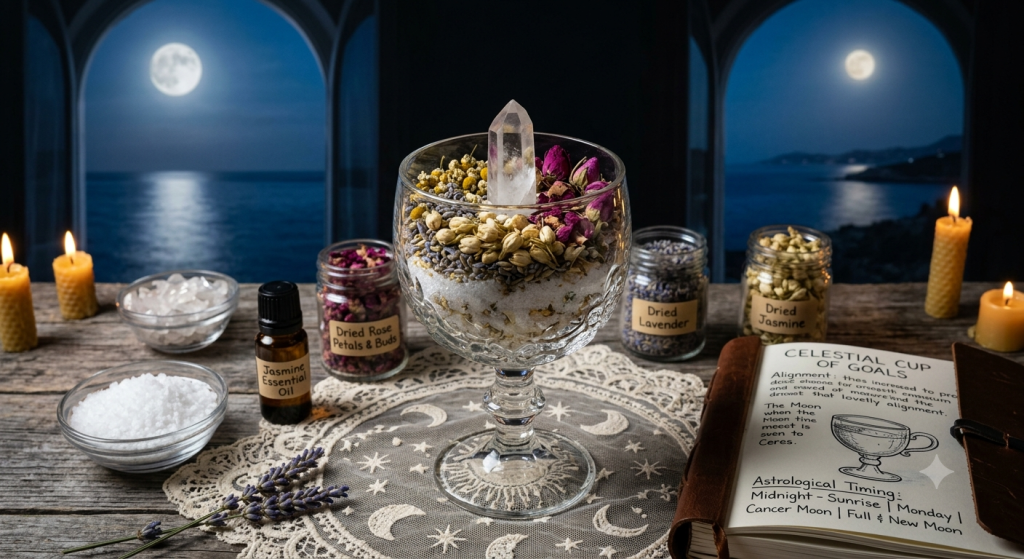 A ritual altar setup featuring a clear glass goblet filled with layers of sea salt, dried rose petals, lavender, and jasmine, with a clear quartz point standing upright in the center. Beside the glass are small jars of dried herbs, a bottle of jasmine essential oil, a small bowl of sea salt, and an open book titled "Celestial Cup of Goals." The scene is set on a wooden surface in front of an arched window overlooking a moonlit sea at night.
