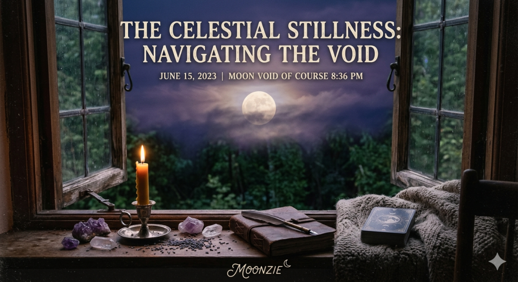 A cozy, magical scene looking out of a window at a full moon in the dark night sky, with a candle, crystals, a journal, and a tarot deck resting on the wooden windowsill.