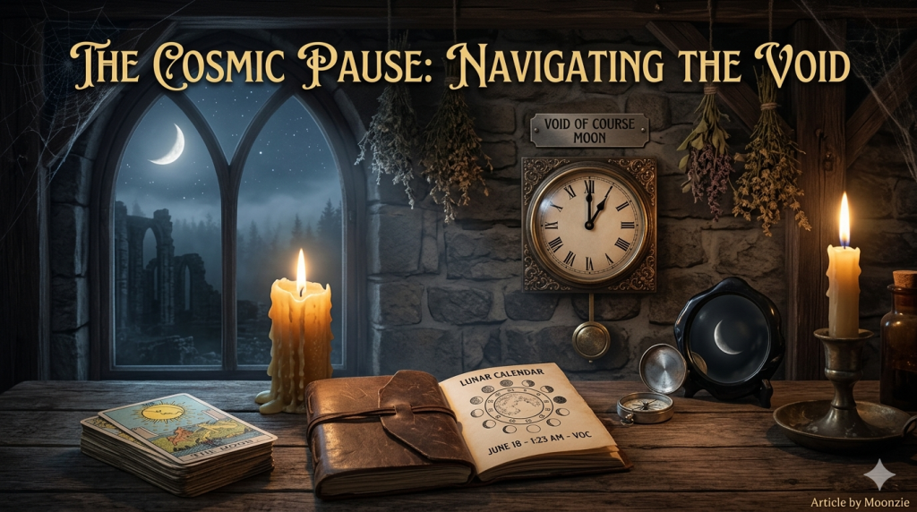 A dimly lit, atmospheric room at night featuring a wooden desk with an open leather-bound journal, a deck of tarot cards, two lit candles, a small mirror reflecting the moon, and a clock set to 1:00, representing a Void of Course Moon event.