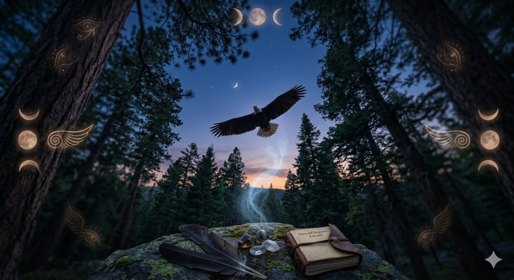 A majestic eagle soars above a forest at twilight, with moon phases, mystical symbols, crystals, feathers, and a journal resting on a mossy rock in the foreground.