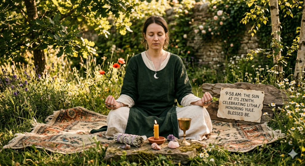 A woman sits in a meditative lotus position on an ornate rug in a lush, sunlit garden, surrounded by wildflowers; a small altar with a candle, crystals, and a chalice sits in front of her, and a piece of driftwood displays the text "9:58 AM: The Sun at its Zenith. Celebrating Litha / Honoring Yule. Blessed Be."