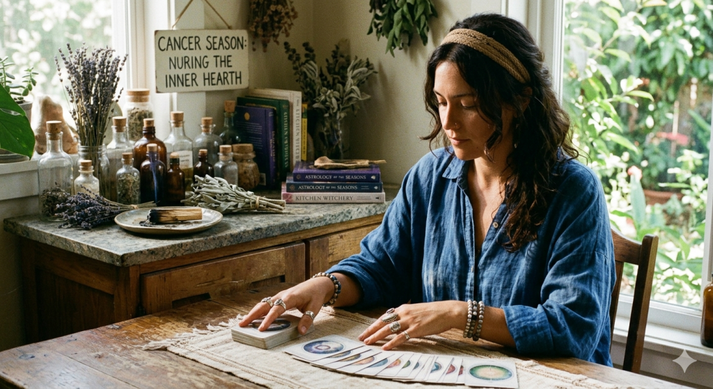 A woman with wavy dark hair, wearing a blue linen shirt and bracelets, sitting at a wooden kitchen table performing a tarot card reading.