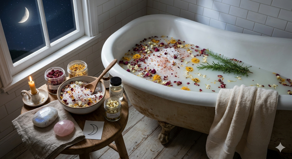 A clawfoot bathtub filled with milky water, scattered with rose petals, yellow calendula flowers, and a sprig of fresh rosemary. Beside the tub, a small wooden stool holds a bowl of salt soak, essential oils, crystals, and a paper with a moon symbol, all set against a window view of a crescent moon at night.